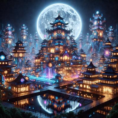 The primary subject of the image is a large, intricate, and colorful digital artwork of a city at night. The city is illuminated by a moon, and the buildings are adorned with various lights. The setting is a nighttime cityscape, with the buildings and the moon as the main focus. The visual style is digital art, which gives the image a unique and vibrant appearance. The colors and mood of the image are predominantly dark and moody, with the city lights creating a contrast against the night sky.